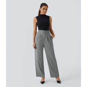 Halara Women's L Gray High Waisted Button Pocket Shirred Straight Leg Work Pants
